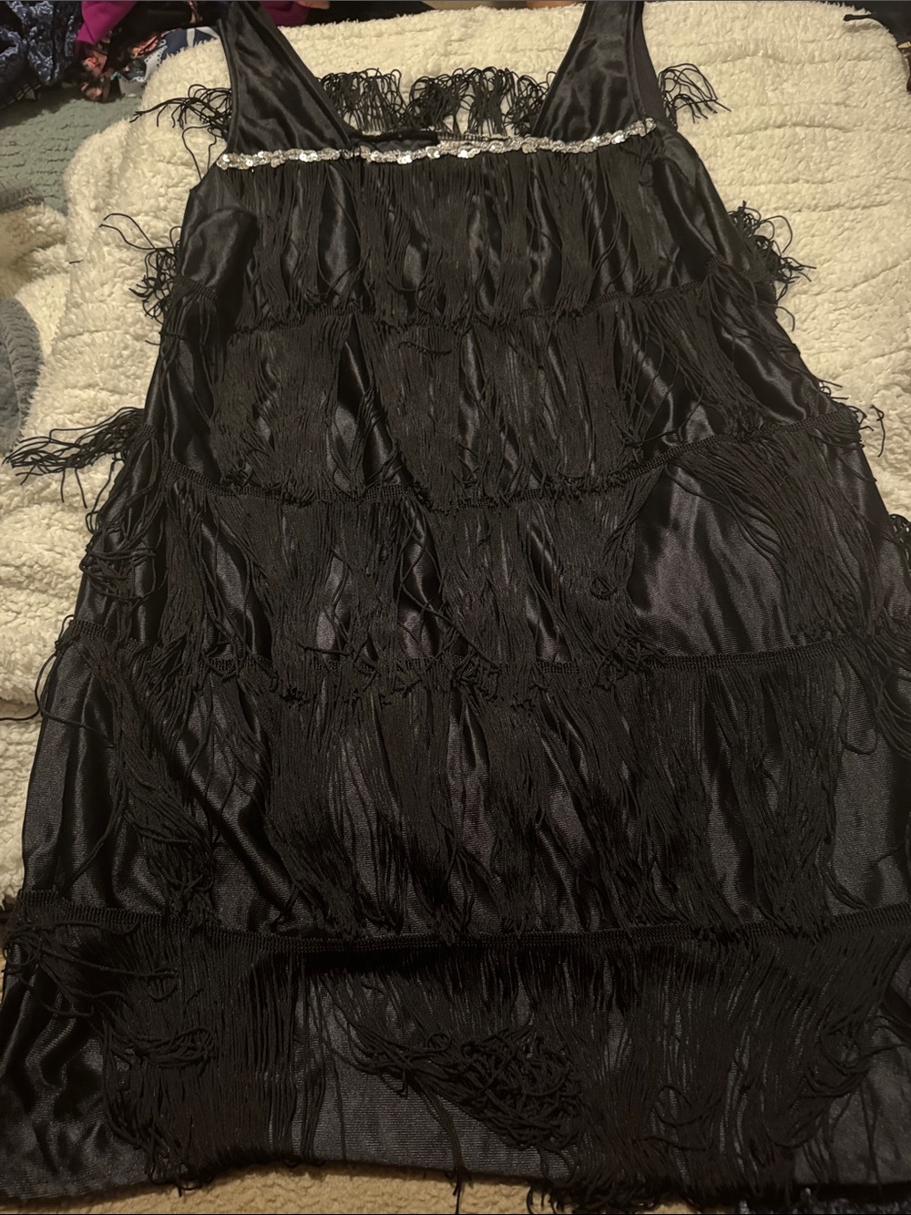 Black Satin Fringe Midi Dress with Rhinestone Trim